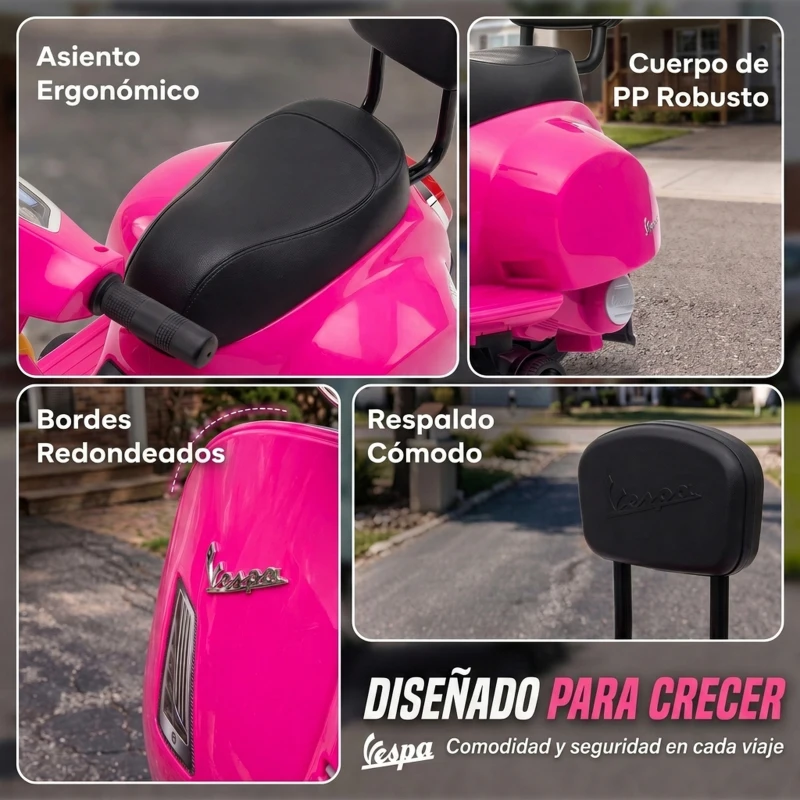 AIYAPLAY Moto Eléctrica para Niños Licencia Mini Vespa GTS 2 Ruedas Auxiliares Batería de Litio Faro Bocina Respaldo Rosa