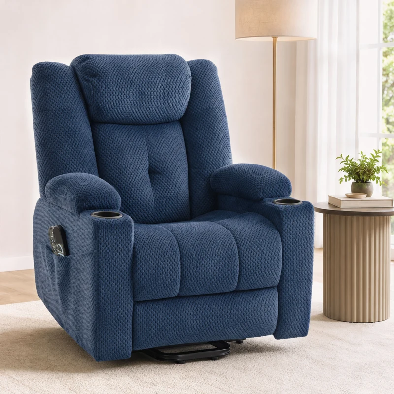 HOMCOM Sillón Elevador Eléctrico Masaje por Vibración y Calor, Sillón Relax Eléctrico en Terciopelo, Respaldo Inclinable Azul