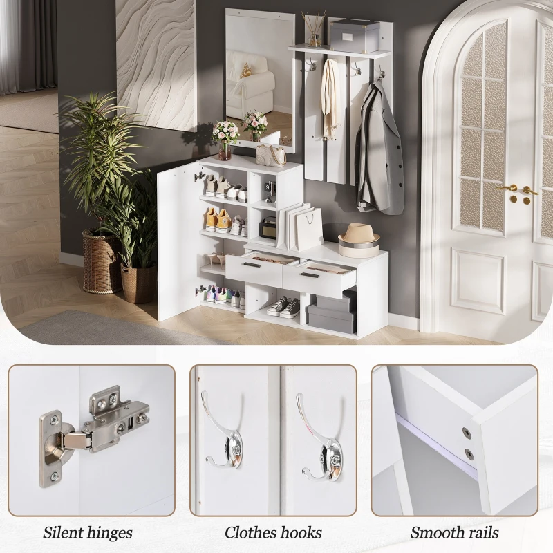 Hallway Storage Unit with Mirror and 4 Hooks, Space-Saving Shoe Cabinet with 10 Compartments for Entryway, 120L x 35W x 175.5H cm, White