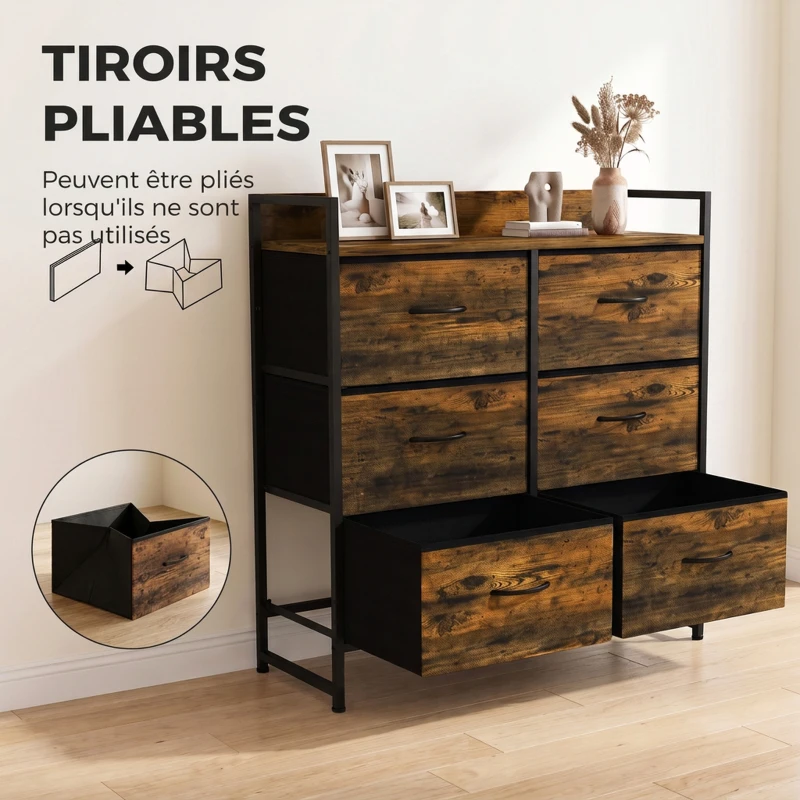 HOMCOM Commode, meuble de rangement pour chambre 6 tiroirs tissu non tissé cadre en acier, 80 x 29 x 85 cm, effet bois d'acajou