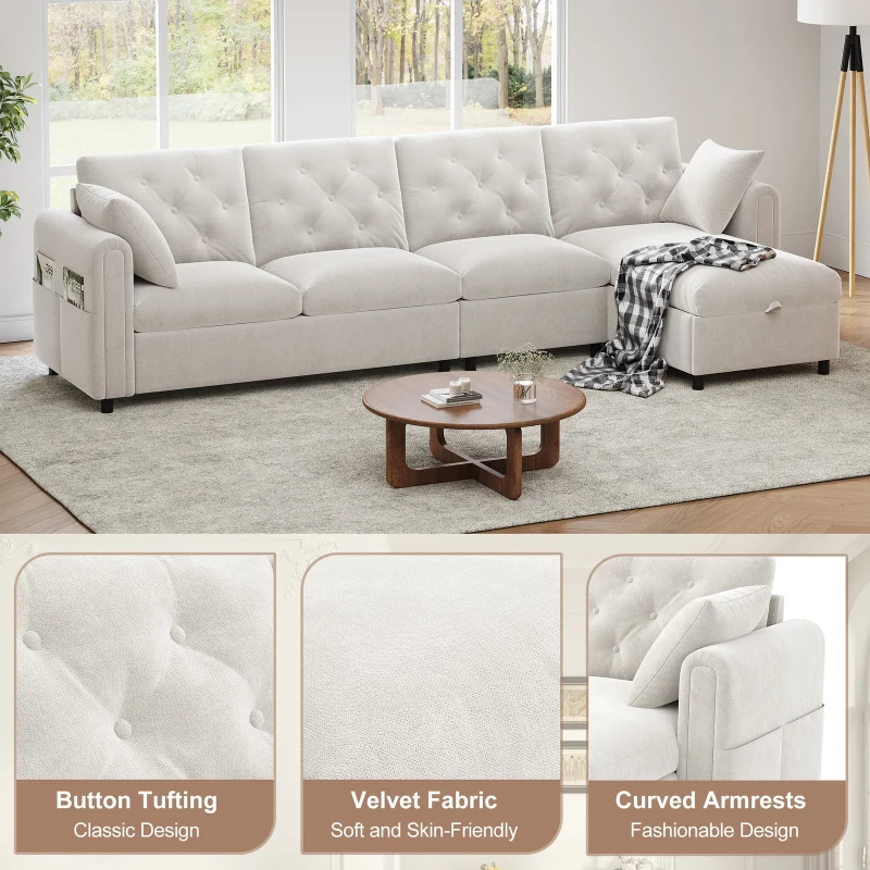Modern Velvet L-Shaped Sectional Sofa with Storage Chaise and Tufted Back, Soft Corner Couch with Reversible Corner, 281L x 132W x 86H cm, BeigeStorage Chaise