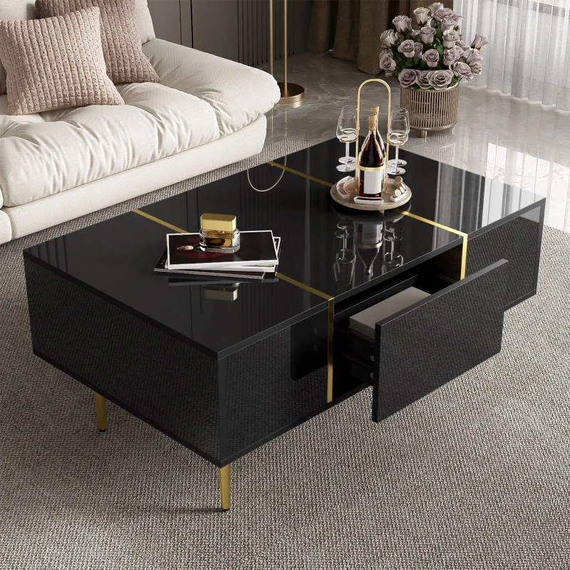 High-Gloss Coffee Table with Two Drawers and 19.5 cm Clearance, Modern Center Table for Living Room, 100L x 60W x 41.5H cm, Black+Gold