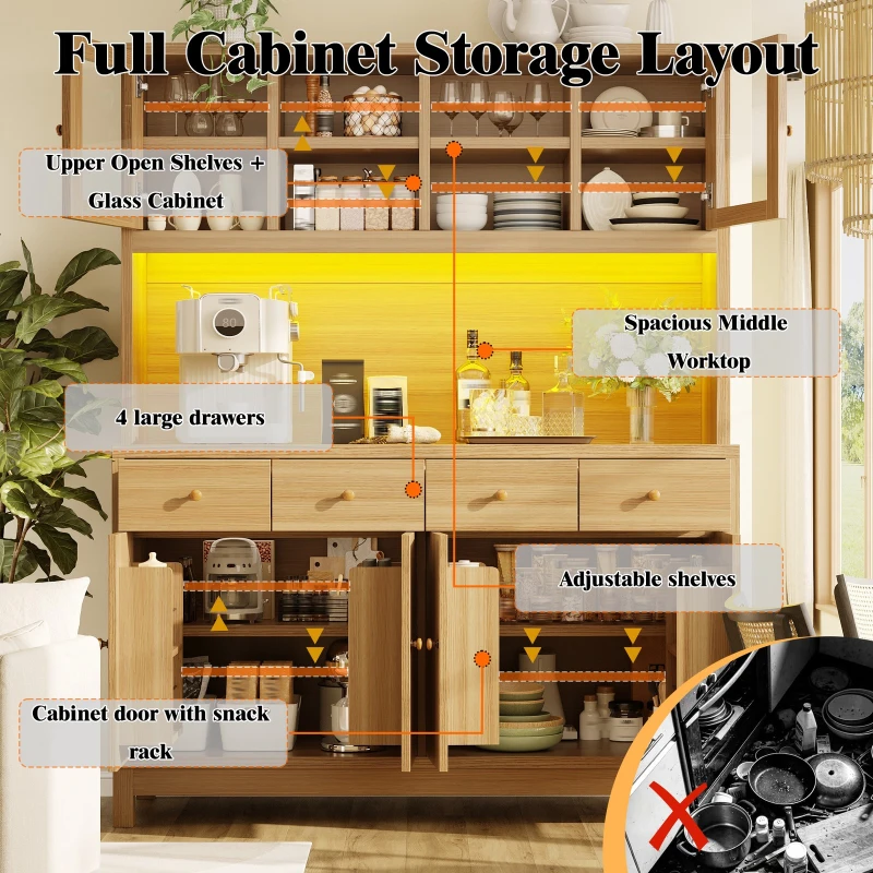 Modern Tall Buffet Cabinet with App-Controlled RGB LED, Versatile Storage Cabinet for Kitchen and Dining Room, 140L x 38.5W x 180H cm, Natural