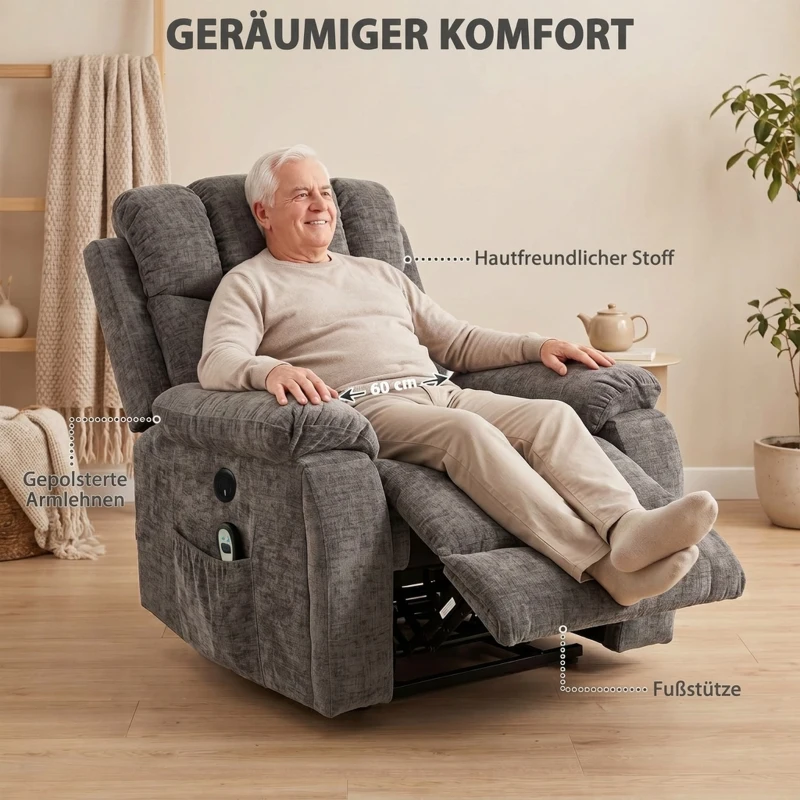 HOMCOM Relaxfauteuil met opstahulp, massage en warmte, seniorenfauteuil met brede diepe zitting en USB