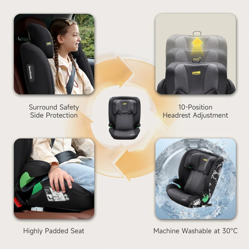 Safe Highback Car Booster Seat with 10-Position Adjustable Headrest, Portable Travel Booster Chair with i-Size R129 Protection, 44L x 46W x 80H cm, Black