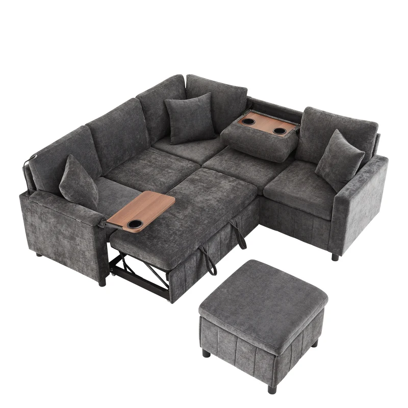 Modern Corner Sofa Bed with Reading Lamp and Fold-Out Cup Holder Table, Soft Pull-Out Sleeper Couch with Ottoman, 205L x 205W x 85H cm, Grey