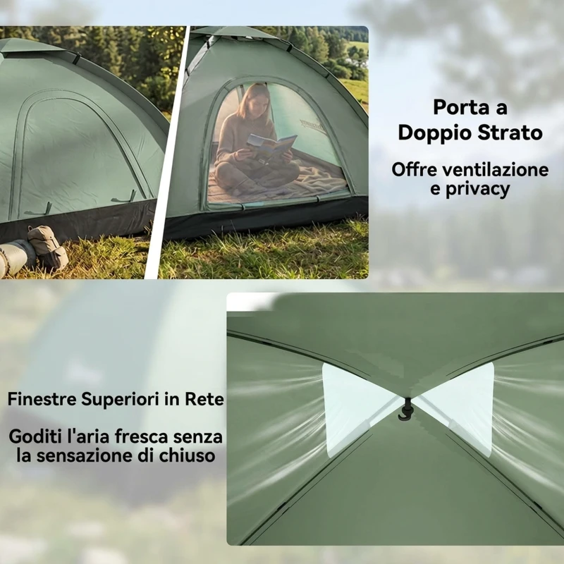 Outsunny Tenda da Campeggio a Igloo con Porta a Cerniera, Zanzariera e Finestre a Rete, 206x152x110 cm, Verde