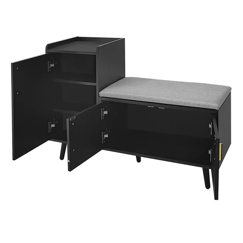 Modern Entryway Shoe Bench Storage Cabinet with Adjustable Shelves, Soft Storage Organiser Unit with Metal Handles, 100L x 34W x 69H cm, Black