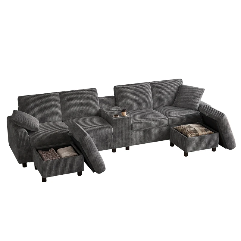 Modern Corduroy U-Shaped Sectional Sofa with 2 Movable Storage Ottomans, Soft Convertible Couch with 2 Type-C Charging Ports, 315L x 135W x 81H cm, Grey