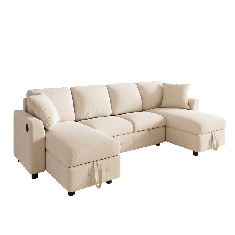 Modern Chenille U-Shaped Sectional Sofa with 2 Storage Chaise Lounges, Soft Convertible Sleeper Couch with 2 Square Cushions, 260L x 128W x 82H cm, Beige