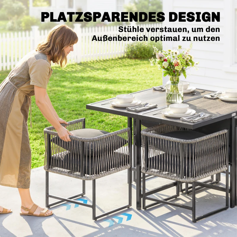 Outsunny Polyrattan Gartenmöbel Set 5-teilig Platzsparend Sitzgruppe Tisch mit 4 Stühlen DPC-Tischplatte Kissen Grau
