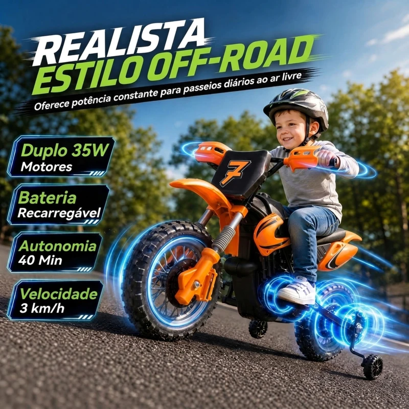 AIYAPLAY Moto Elétrica Infantil 12V com 2 Rodas Auxiliares Removíveis, 2 Motores, Suspensão Traseira, Música, 3 km/h, 3-6 Anos, Laranja
