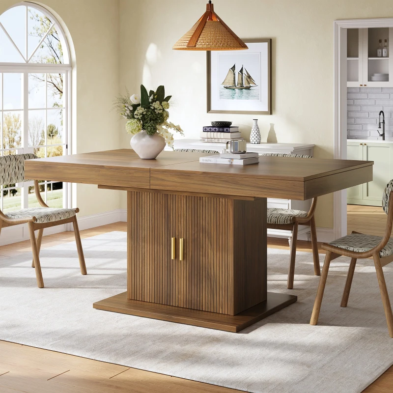 Extendable Dining Table with Integrated Storage, Space-Saving Kitchen Table with Grooved Doors and Shelves, 140-180L x 90W x 75H cm, Walnut