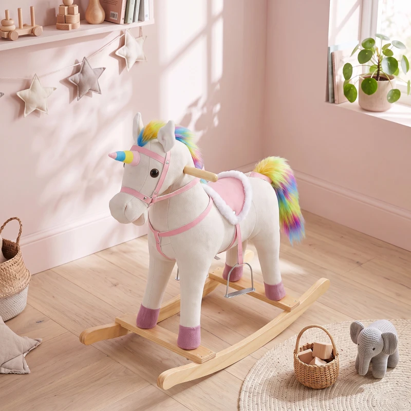 AIYAPLAY Caballito Balancín para Bebés Diseño Unicornio con Sonido Caballo Balancín Base de Madera para Niños 1-3 Años Crema