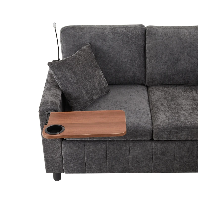 Modern Corner Sofa Bed with Reading Lamp and Fold-Out Cup Holder Table, Soft Pull-Out Sleeper Couch with Ottoman, 205L x 205W x 85H cm, Grey