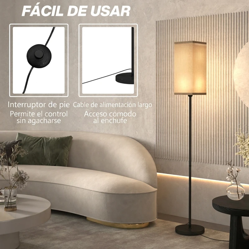 HOMCOM Lámpara de Pie con Pantalla de Efecto Lino Base E27, 40W Interruptor de Pedal para Dormitorio Oficina Negro