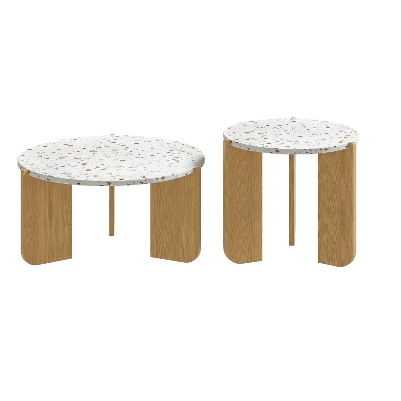 Modern 2-Piece Nesting Coffee Table Set with Patterned Tabletops, Side Tables for Living Room, 70L x 70W x 35H cm, White and Wood