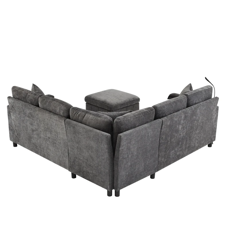 Modern Corner Sofa Bed with Reading Lamp and Fold-Out Cup Holder Table, Soft Pull-Out Sleeper Couch with Ottoman, 205L x 205W x 85H cm, Grey