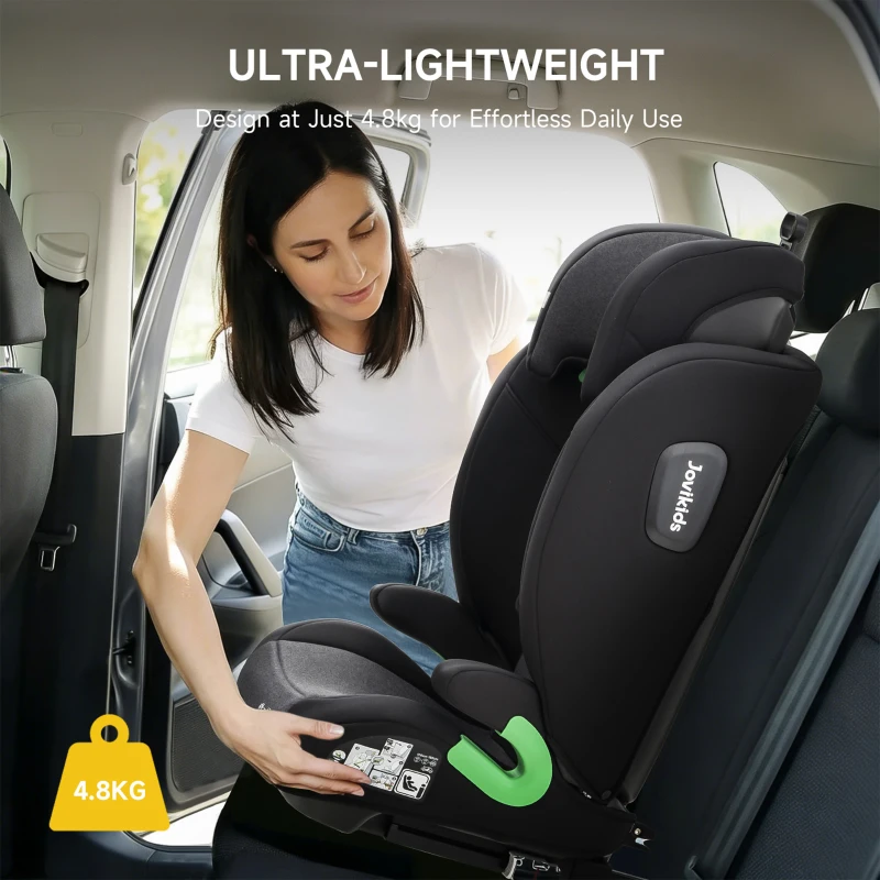 Safe Highback Car Booster Seat with 10-Position Adjustable Headrest, Portable Travel Booster Chair with i-Size R129 Protection, 44L x 46W x 80H cm, Black
