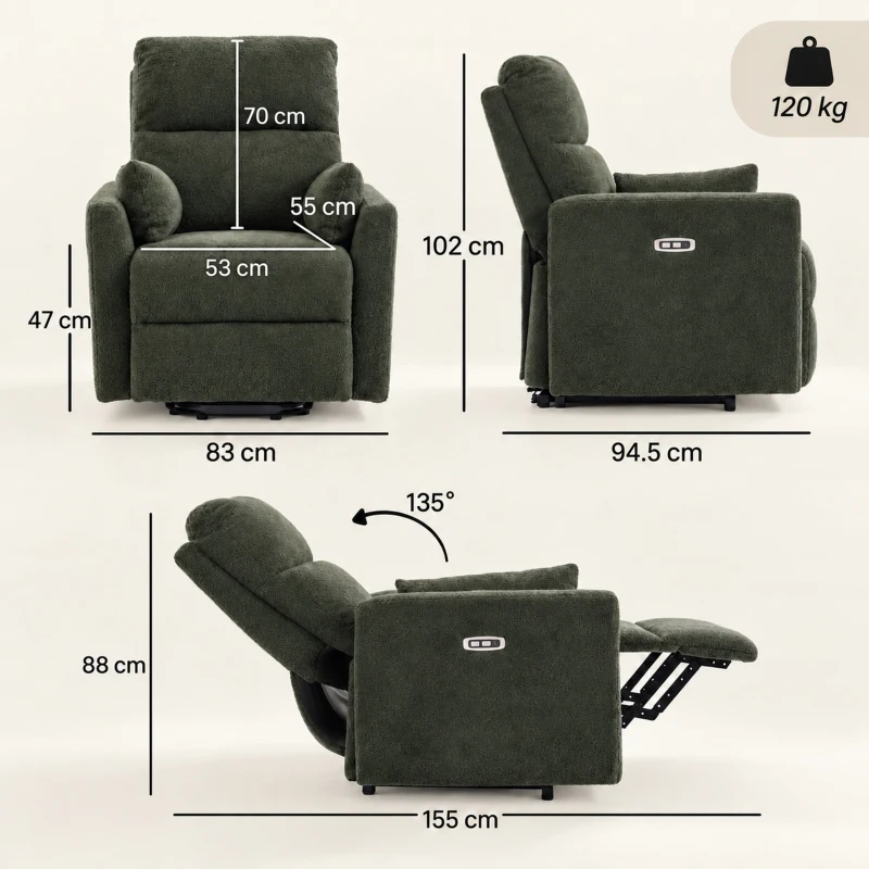 HOMCOM Sillón elevador con masaje y calor, sillón relax eléctrico de teddy-fleece para personas mayores, Verde oscuro