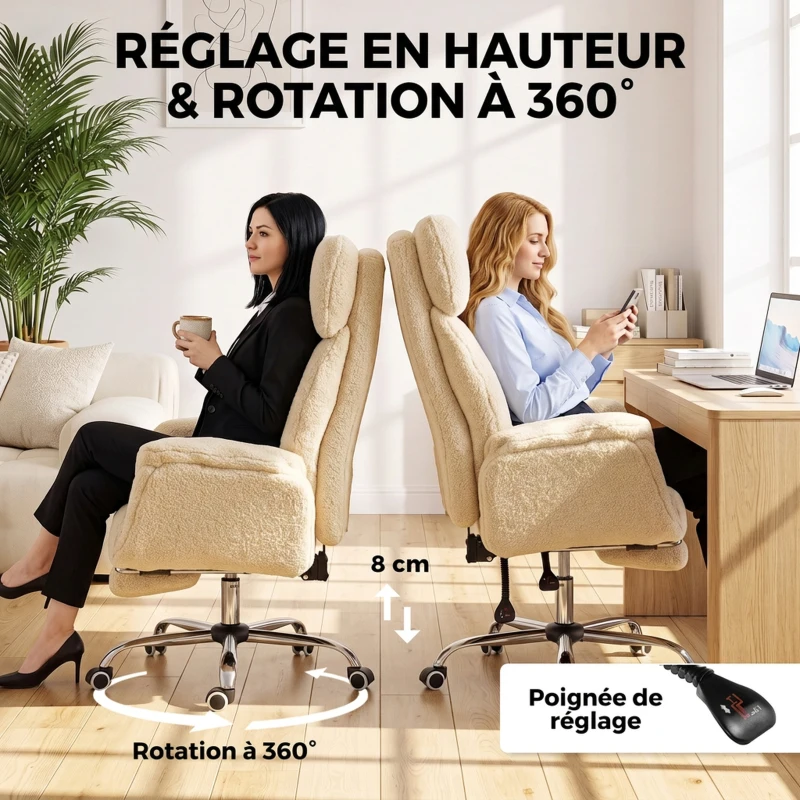 HOMCOM Chaise Bureau Ergonomique avec Accoudoirs Rabattables 5 Niveaux, Fauteuil de Bureau Inclinable en Tissu Teddy, Crème