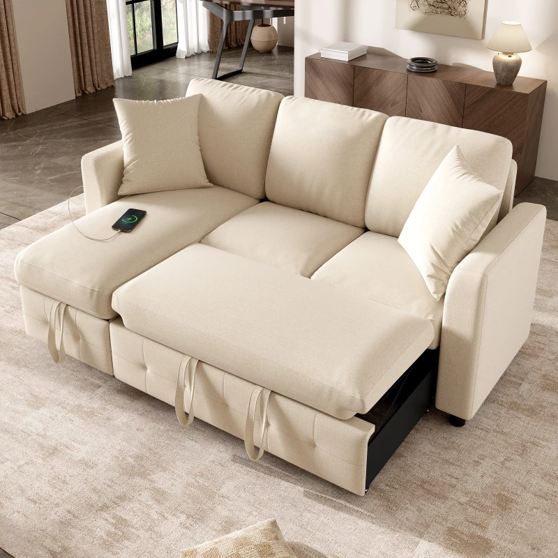 Modern Chenille L-Shaped Sectional Sofa with Reversible Storage Chaise, Soft Pull-Out Sleeper Couch with USB Ports, 200L x 130.5W x 83.5H cm, Beige