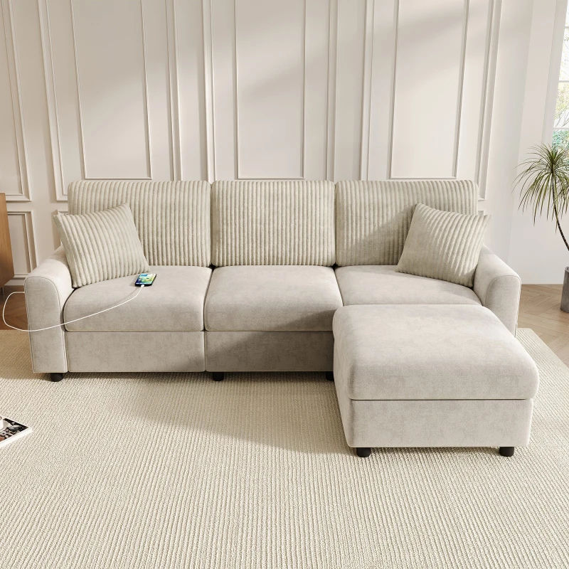 Modern Upholstered Sectional Sofa with USB Type-C Charging Ports, Soft Convertible Couch with 2 square cushions, 223L x 146W x 84H cm, Beige