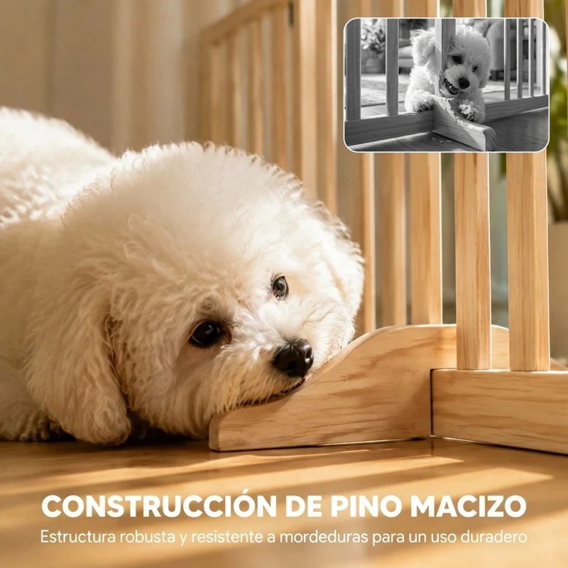 PawHut Barrera de Seguridad para Perros de Madera Plegable 3 Paneles para Escaleras Puertas 2 Patas de Apoyo 150x61 cm Natural