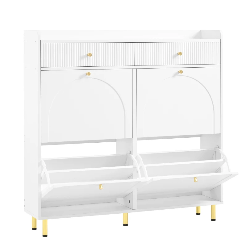 Modern Shoe Cabinet with 4 Flip Doors and 2 Drawers, Space-Saving Entryway Storage Organizer with Metal Handles, 106.5L x 25W x 105.5H cm, White