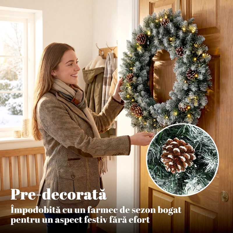 HOMCOM Coroniță de Crăciun 60 cm cu lumini LED, 8 moduri, 140 ramuri, conuri de pin, verde