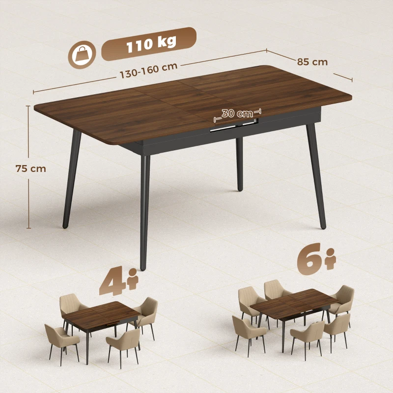 HOMCOM Table à Manger Extensible Rectangle pour 4 à 6 Personnes, Table de Cuisine 130-160 cm avec Coins Arrondis, Noyer Clair
