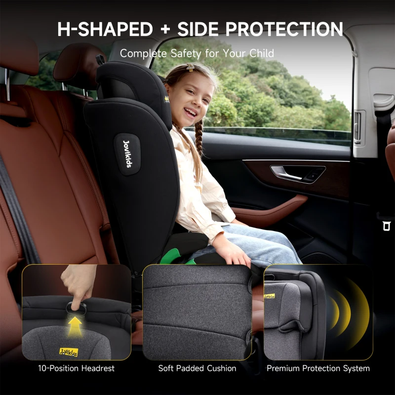 Safe Highback Car Booster Seat with 10-Position Adjustable Headrest, Portable Travel Booster Chair with i-Size R129 Protection, 44L x 46W x 80H cm, Black