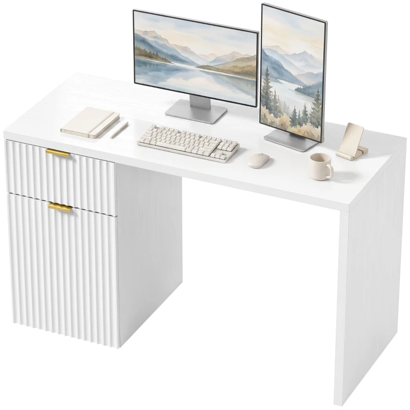 HOMCOM Computer Desk with Drawer, 120 cm Reversible Office Desk, Cabinet, Adjustable Shelf, Thick Top, White