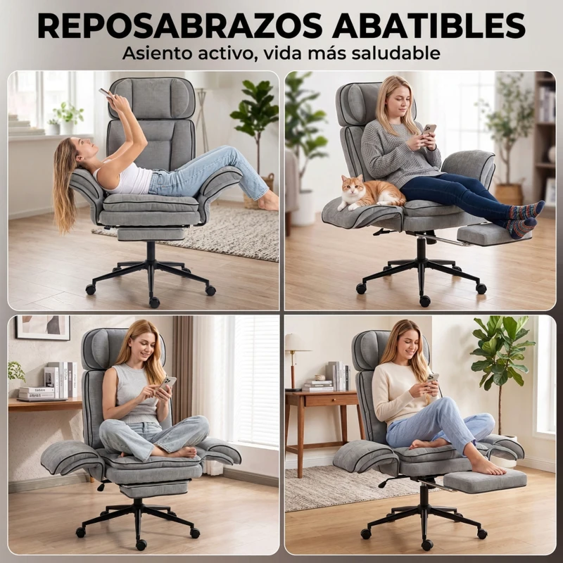 HOMCOM Silla de Escritorio con Reposapiés Reposabrazos Abatibles Respaldo Alto y Reclinable 145° Reposacabezas Ajustable Gris