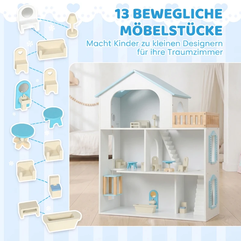 AIYAPLAY Groot poppenhuis 79,5 cm met lift, 3 verdiepingen, 13 meubels en balkon, blauw, cadeau voor meisjes van 3-6 jaar