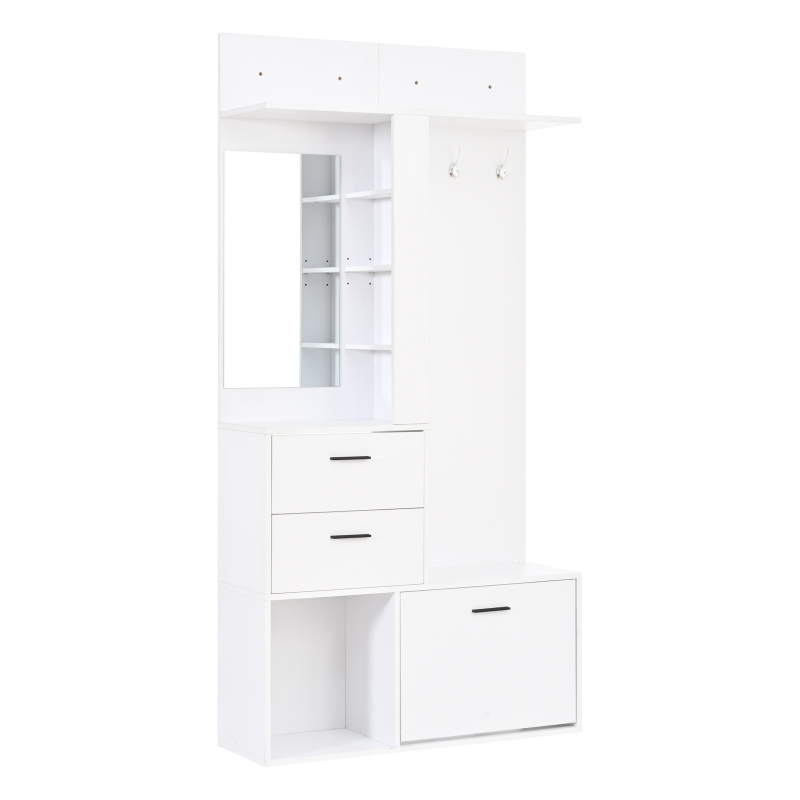 Modern Hall Tree with Mirror and Fold-Out Shoe Rack, Space-Saving Entryway Organizer with 3 Hooks and Drawers, 90L x 30W x 180H cm, White