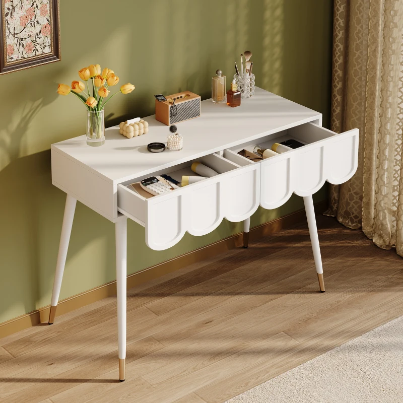 Modern Wooden Vanity Desk with 2 Cloud-Shaped Drawers, Multi-Functional Dressing Console Table with Metal Legs, 100L x 40W x 76H cm, White