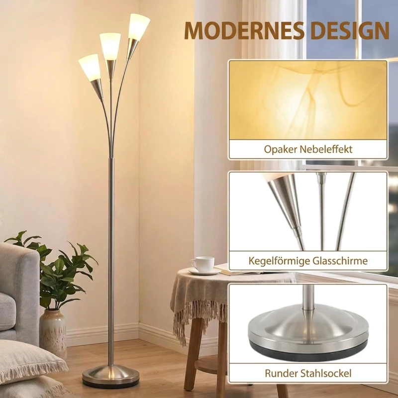 HOMCOM Vloerlamp woonkamer 40 W met voetschakelaar, 3 x E14-fitting, voor slaapkamer of kantoor, zilver, zonder lichtbronnen