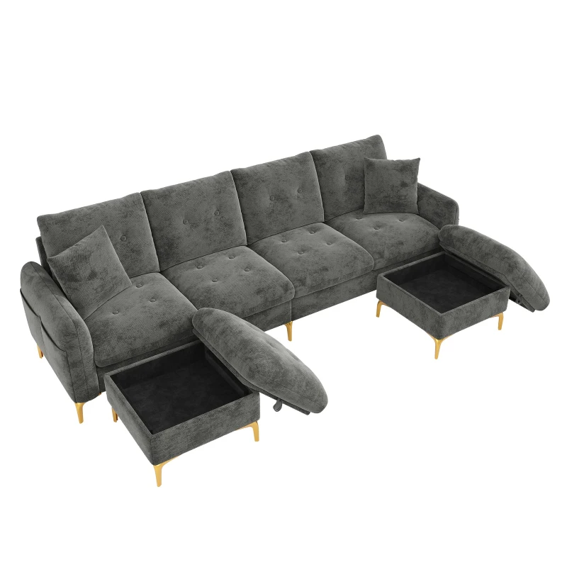 Modern U-Shaped Modular Sleeper Sofa with 2 Storage Ottomans, Soft Convertible Couch with 2 Decorative Cushions, 263L x 137W x 85H cm, Gray