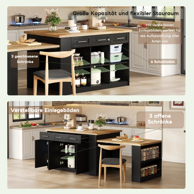 Modern Kitchen Island with Hidden Extendable Dining Table, Mobile Breakfast Bar with Marble-Effect Worktop, 150L x 90W x 90H cm, Black+Natural