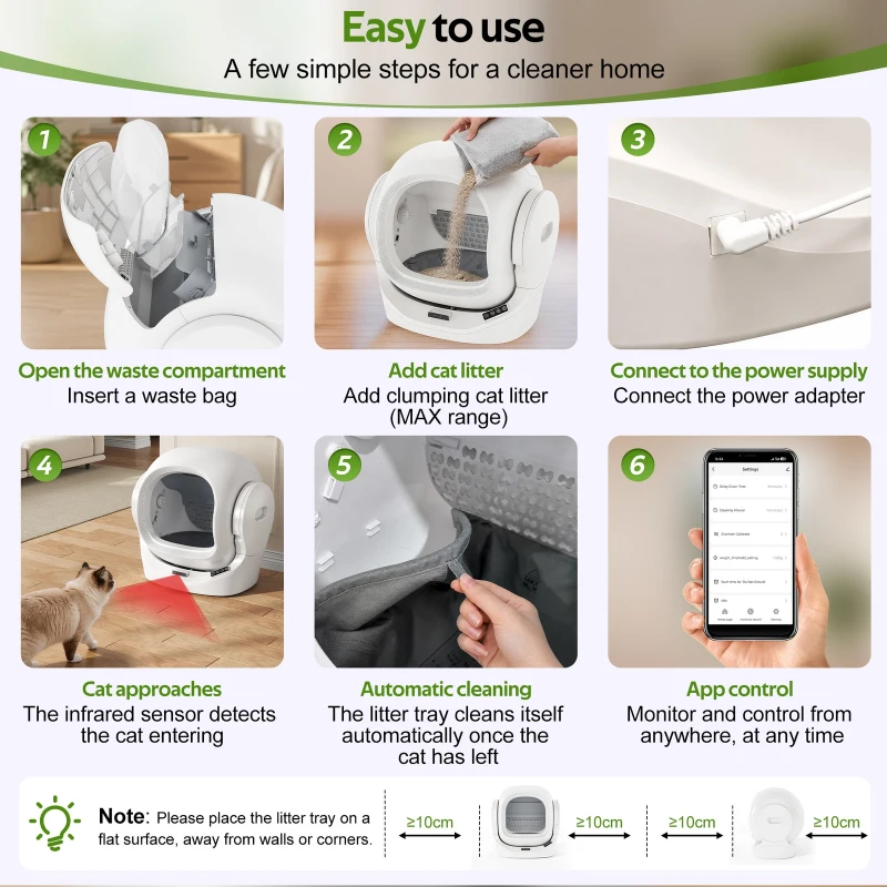 Self-Cleaning Cat Litter Box with App Control and 8L Waste Bin, Automatic Cat Litter Tray for One to Two Cats, 53L x 45.5W x 56.5H cm, White