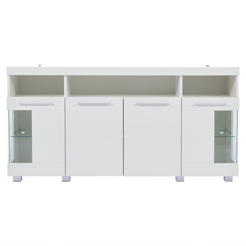 High-Gloss Sideboard with Bluetooth LED Lighting, Modern Storage Cabinet with 3-Tier Tempered Glass Shelves, 140L x 40W x 70H cm, White