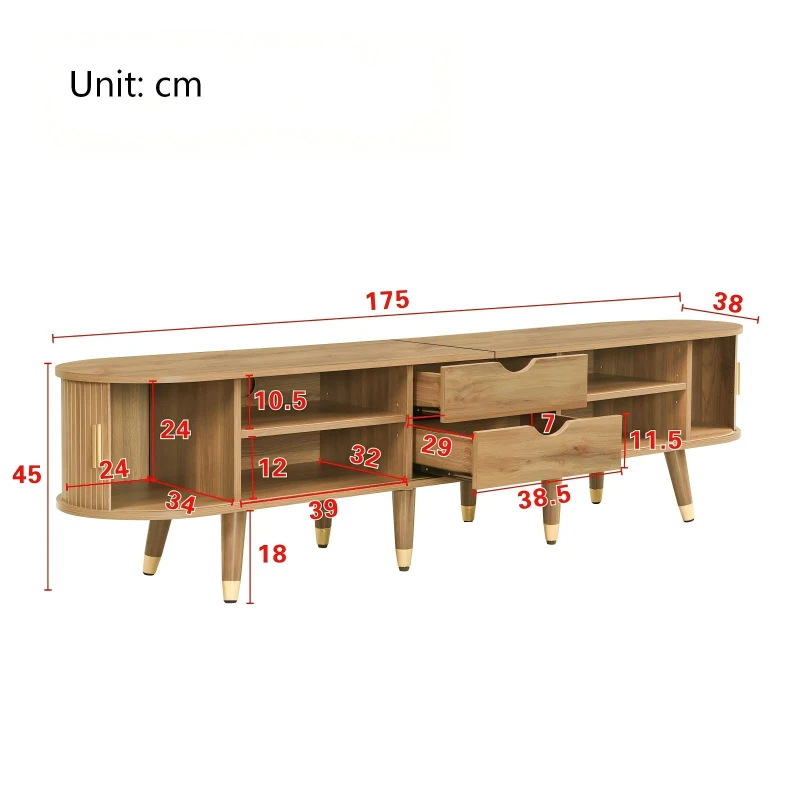 Rustic TV Cabinet with Sliding Doors, Spacious Media Storage Unit for Living Room, 175L x 38W x 45H cm, Wood