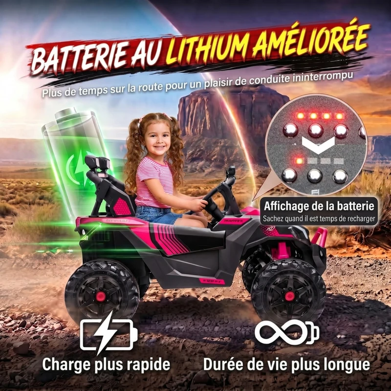 AIYAPLAY Voiture Electrique Enfants UTV 24V 2 Places, 2 Moteurs 120W, Batterie Lithium, 4-6km/h, Télécommande, 3-8 Ans, Rose