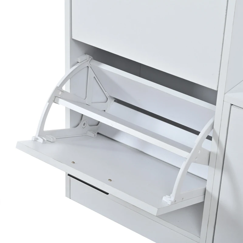 Modern Hall Tree with Coat Rack, Mirror and Shoe Bench, Space-Saving Entryway Unit with 6 Hooks and Flip Cabinets, 120L x 30W x 180H cm, White