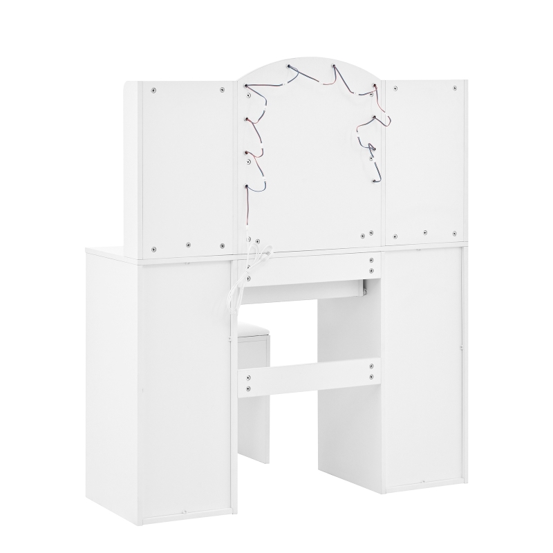 Modern Vanity Desk with Padded Stool and 2 Storage Cabinets, Makeup Dressing Table with Adjustable LED Mirror, 110L x 40W x 132H cm, White