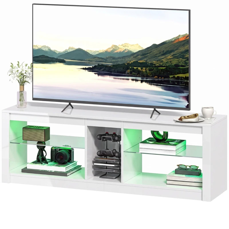HOMCOM TV Stand Cabinet with LED Lights and Remote Control for TVs up to 65", Entertainment Centre with Storage Shelves, White