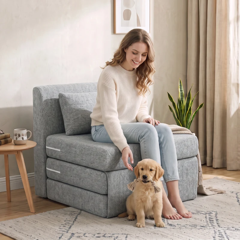 HOMCOM Poltrona Chaise Dobrável 3 em 1 com Travesseiro Conversível Colchonete Dobrável para Visitas Sala de Estar Escritório Cinza