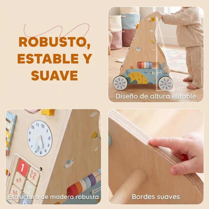 AIYAPLAY Andador Madera Bebé 3 en 1 con Juguetes Montessori Panel Desmontable de Doble Cara Almacenaje Ruedas 1-3 Años Natural