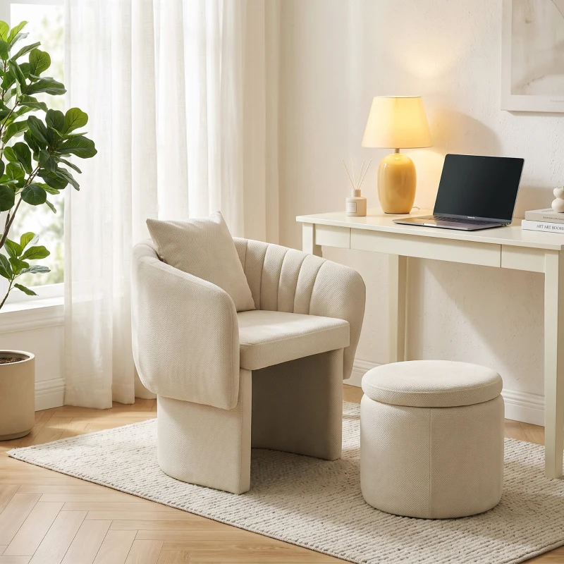 HOMCOM Relaxsessel mit Hocker Loungesessel mit Geschwungene Rückenlehne, Armlehnen, Nordischer Chenille Gepolstert Beige